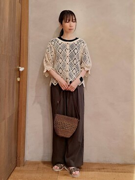 「DRESKIP（ドレスキップ）の【2WAY】大人のほんのり甘いスタイルに クロシェレースカーディガン（カーディガン/ボレロ、ベージュ系）」を使った、rinさん（レディース・158cm）の夏コーディネート