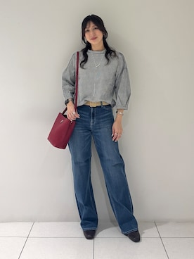 「INDIVI（インディヴィ）の【UVケア／吸汗速乾】凹凸素材ミニスタンドトップス（Tシャツ/カットソー、ブラック系）」を使った、そんさん（レディース・155cm）の秋コーディネート
