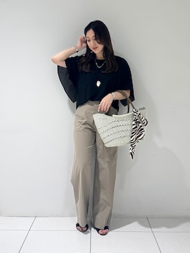 「INDIVI（インディヴィ）の【洗える／シアーチェック柄】異素材コンビスリーブトップス（Tシャツ/カットソー、ブラック系）」を使った、そんさん（レディース・155cm）の夏コーディネート
