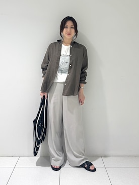 「INDIVI（インディヴィ）の【接触冷感／2WAY】カシュクールリネンシャツ（シャツ/ブラウス、ブラウン系）」を使った、そんさん（レディース・155cm）の夏コーディネート