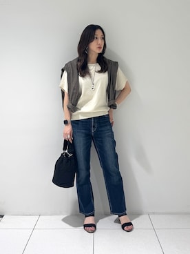 「INDIVI（インディヴィ）の【接触冷感／2WAY】カシュクールリネンシャツ（シャツ/ブラウス、ブラウン系）」を使った、そんさん（レディース・155cm）の夏コーディネート