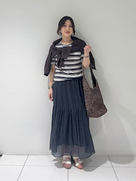 「INDIVI（インディヴィ）の【洗える／コットン】メッシュジップニットカーディガン（カーディガン/ボレロ、ブラウン系）」を使った、そんさん（レディース・155cm）の夏コーディネート
