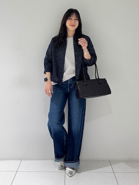 「INDIVI（インディヴィ）の【シアー／7分袖】体型カバーゆったりシャツ（シャツ/ブラウス、ブルー系）」を使った、そんさん（レディース・155cm）の秋コーディネート