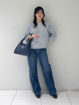 「INDIVI（インディヴィ）の【華やか／1枚でサマになる】上品ツイードブラウス（シャツ/ブラウス、ブルー系）」を使った、そんさん（レディース・155cm）の秋コーディネート
