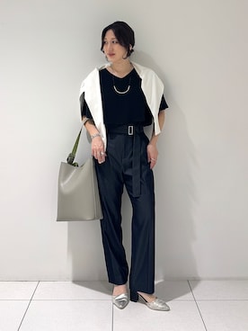 「INDIVI（インディヴィ）の【洗える／前後2WAY／アンサンブル可能】ドルマンスリーブカーディガン（カーディガン/ボレロ、ホワイト系）」を使った、そんさん（レディース・155cm）の夏コーディネート