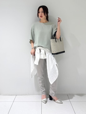 「INDIVI（インディヴィ）の【洗える／2WAY／裾ドロスト付き】 ドルマンスリーブチュニックトップス（Tシャツ/カットソー、グリーン系）」を使った、そんさん（レディース・155cm）の夏コーディネート