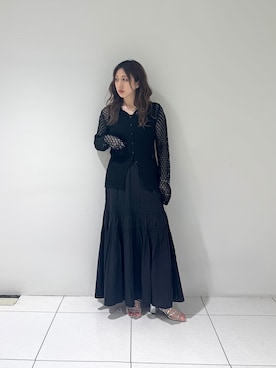「GALLEST（ギャレスト）のリネンライククロシェポロニット（ニット/セーター、ブラック系）」を使った、そんさん（レディース・155cm）の夏コーディネート