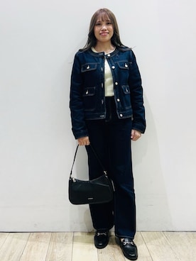 「index（インデックス）のミニマルノーカラーデニムジャケット【洗濯機OK】（デニムジャケット、ブルー系）」を使った、Ririさん（レディース・152cm）の冬コーディネート