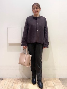 「index（インデックス）のノーカラーショートコート（ノーカラーコート、ブラウン系）」を使った、Ririさん（レディース・152cm）の秋コーディネート