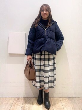 「index（インデックス）のKAWADAダウンペプラムショートコート【撥水/洗濯機OK/静電気防止裏地】（ダウンジャケット/コート、ブルー系）」を使った、Ririさん（レディース・152cm）の秋コーディネート