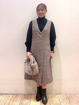 「index（インデックス）のタートルネックタックパフスリーブニット【洗濯機OK】（ニット/セーター、ブラック系）」を使った、Ririさん（レディース・152cm）の秋コーディネート