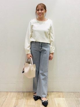 「index（インデックス）の肩ボタンボートネックトップス【洗濯機OK】（Tシャツ/カットソー、イエロー系）」を使った、Ririさん（レディース・152cm）の春コーディネート