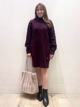「index（インデックス）のウール混ケーブルスリーブミニワンピース【洗濯機OK】（ワンピース、ブラウン系）」を使った、Ririさん（レディース・152cm）の秋コーディネート