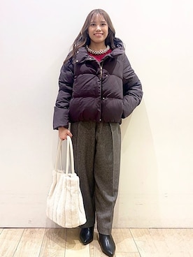 「index（インデックス）のKAWADAダウンショートコート【撥水/洗濯機OK/静電気防止裏地】《XS～LL》（ダウンジャケット/コート、ブラウン系）」を使った、Ririさん（レディース・152cm）の秋コーディネート