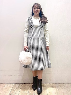 「index（インデックス）のパール調ネックケーブルニット【洗濯機OK】（ニット/セーター、ホワイト系）」を使った、Ririさん（レディース・152cm）の冬コーディネート