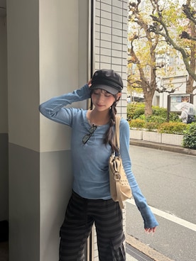 「WHO'S WHO gallery（フーズフーギャラリー）のプロセストレースアップトップス（Tシャツ/カットソー、ブルー系）」を使った、zuuu117chさん（レディース・162cm）の春コーディネート