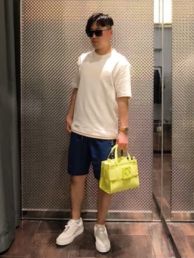 「ARMANI EXCHANGE（アルマーニエクスチェンジ）の【A|X アルマーニ エクスチェンジ】WE AXロゴ 半袖スウェットシャツ（スウェット、ホワイト系）」を使った、Toschiakiさん（メンズ・168cm）の夏コーディネート