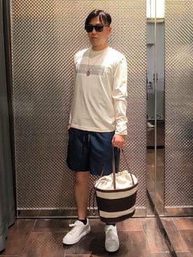 「ARMANI EXCHANGE（アルマーニエクスチェンジ）の【A|X アルマーニ エクスチェンジ】ドッグタグ ステンレススチール チェーンネックレス(Gunmetal)_AXG0171060（ネックレス、その他）」を使った、Toschiakiさん（メンズ・168cm）の夏コーディネート