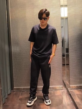 「ARMANI EXCHANGE（アルマーニエクスチェンジ）の【A|X アルマーニ エクスチェンジ】ロゴチャンキーソール レースアップスニーカー（スニーカー、ブルー系）」を使った、Toschiakiさん（メンズ・168cm）の夏コーディネート
