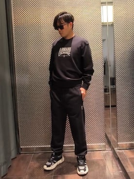 「ARMANI EXCHANGE（アルマーニエクスチェンジ）の【A|X アルマーニ エクスチェンジ】ロゴチャンキーソール レースアップスニーカー（スニーカー、ブルー系）」を使った、Toschiakiさん（メンズ・168cm）の夏コーディネート