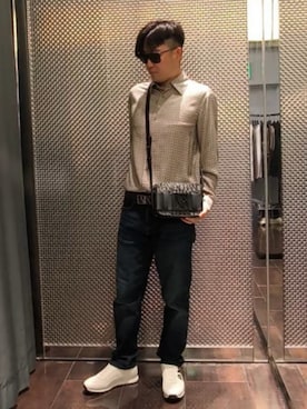 「ARMANI EXCHANGE（アルマーニエクスチェンジ）の【A|X アルマーニ エクスチェンジ】オールオーバーロゴ ノーカラーシャツ/REGULAR（シャツ/ブラウス、ホワイト系）」を使った、Toschiakiさん（メンズ・168cm）の夏コーディネート