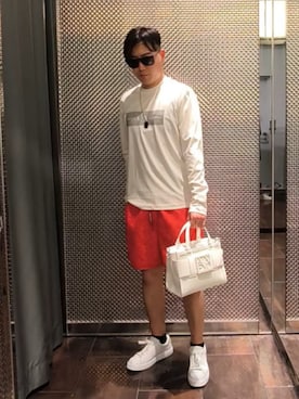 「ARMANI EXCHANGE（アルマーニエクスチェンジ）の【A|X アルマーニ エクスチェンジ】ドッグタグ ステンレススチール チェーンネックレス(Gunmetal)_AXG0171060（ネックレス、その他）」を使った、Toschiakiさん（メンズ・168cm）の夏コーディネート