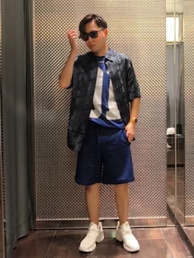 「ARMANI EXCHANGE（アルマーニエクスチェンジ）の【A|X アルマーニ エクスチェンジ】91ロゴ 半袖クルーネックTシャツ/REGULAR+（Tシャツ/カットソー、ブルー系）」を使った、Toschiakiさん（メンズ・168cm）の夏コーディネート