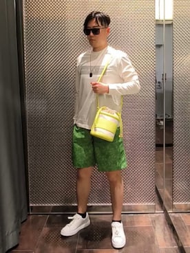 「ARMANI EXCHANGE（アルマーニエクスチェンジ）の【A|X アルマーニ エクスチェンジ】WE グラフィックロゴ 長袖クルーネックTシャツ/REGULAR+（Tシャツ/カットソー、ホワイト系）」を使った、Toschiakiさん（メンズ・168cm）の夏コーディネート