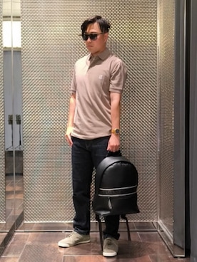 「ARMANI EXCHANGE（アルマーニエクスチェンジ）の【A|X アルマーニ エクスチェンジ】ICON 半袖ポロシャツ/REGULAR（ポロシャツ、ホワイト系）」を使った、Toschiakiさん（メンズ・168cm）の夏コーディネート