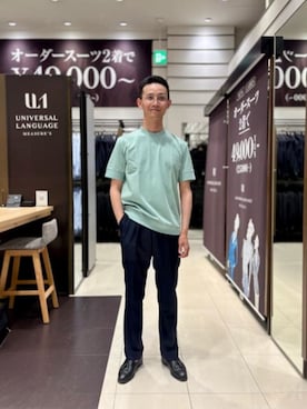 「SUIT SQUARE（スーツスクエア）のオフィT 半袖Tシャツ ウォッシャブル 接触冷感 クール天竺（Tシャツ/カットソー、グリーン系）」を使った、SUIT SQUAREさん（メンズ・186cm）の春コーディネート