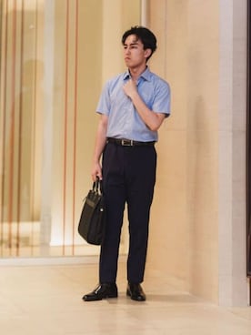 「SUIT SQUARE（スーツスクエア）の涼しい最高パンツ テーパードパンツ ウォッシャブル NON IRON 無地 RS07（スラックス、ブルー系）」を使った、SUIT SQUAREさん（メンズ・186cm）の春コーディネート