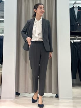 「SUIT SQUARE（スーツスクエア）のジャケット／ウォッシャブル／ストレッチ／ポリエステル／シャドーチェック（スーツジャケット、グレー系）」を使った、SUIT SQUAREさん（レディース・157cm）の春コーディネート