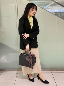 「SUIT SQUARE（スーツスクエア）のダブルブレストジャケット ウォッシャブル カラミ織メッシュ 無地（テーラードジャケット、ブラック系）」を使った、SUIT SQUAREさん（レディース・157cm）の春コーディネート