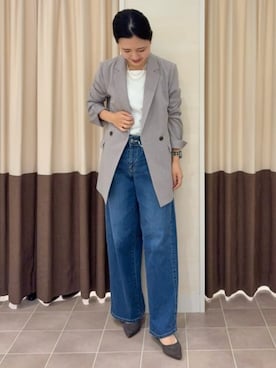 「SUIT SQUARE（スーツスクエア）のCHANTOWA／ダブルブレストジャケット／ウォッシャブル／クリスピーツイード／織柄（スーツジャケット、グレー系）」を使った、SUIT SQUAREさん（レディース・157cm）の春コーディネート