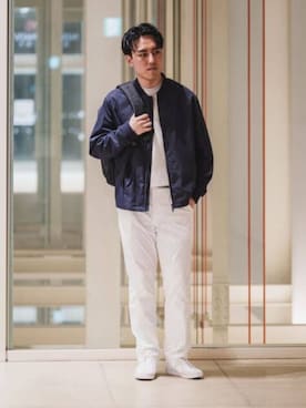 「FLAT（フラット）のFLAT アウター MA-1 ウォッシャブル ストレッチ 速乾 シルキーツイル 無地（MA-1、ブルー系）」を使った、SUIT SQUAREさん（レディース・157cm）の春コーディネート