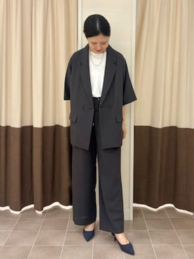 「SUIT SQUARE（スーツスクエア）のCHANTOWA／5分袖ダブルジャケット／ウォッシャブル／リネンライクポリエステル／無地（その他アウター、グレー系）」を使った、SUIT SQUAREさん（メンズ・186cm）の春コーディネート