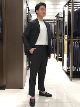 「SUIT SQUARE（スーツスクエア）の涼しい最高パンツ／テーパードパンツ／ウォッシャブル／からみ織り／織柄／RS07／裾上げ済み（スーツパンツ、グレー系）」を使った、SUIT SQUAREさん（メンズ・186cm）の春コーディネート