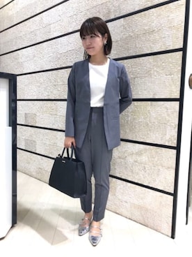 「SUIT SQUARE（スーツスクエア）のPERFORMANCE SUIT【2点セット】ジャケット＆パンツセットアップ ウォッシャブル 接触冷感 洗濯ネット付き（スーツセット、グレー系）」を使った、SUIT SQUAREさん（レディース・159cm）の夏コーディネート