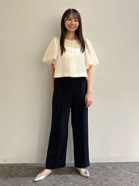 「CIS.（シス）のCIS． バウンススリーブブラウスジャケット ウォッシャブル マットサテン 無地（シャツ/ブラウス、ホワイト系）」を使った、SUIT SQUAREさん（レディース・157cm）の春コーディネート