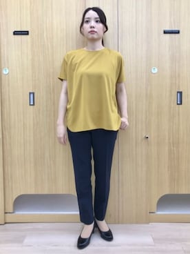 「AOYAMA（アオヤマ）の透けないカットソー【フレンチスリーブ】【クルーネック】【＃すご】（Tシャツ/カットソー、イエロー系）」を使った、SUIT SQUAREさん（レディース・159cm）の夏コーディネート