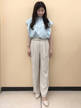 「AOYAMA（アオヤマ）の＜超！接触冷感＞スクエアオーバーシャツブラウス【フレンチスリーブ】（シャツ/ブラウス、グリーン系）」を使った、SUIT SQUAREさん（メンズ・186cm）の春コーディネート