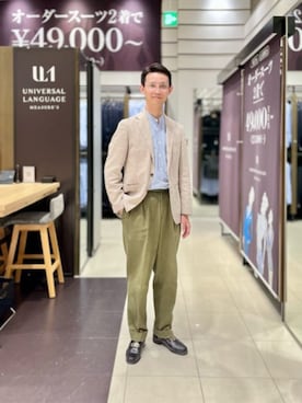 「SUIT SQUARE（スーツスクエア）のジャケット 尾州 ウールラミーサマーホップサック 無地 RI07（テーラードジャケット、ベージュ系）」を使った、SUIT SQUAREさん（レディース・157cm）の春コーディネート