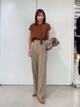 「SUIT SQUARE（スーツスクエア）のボウタイブラウス フレンチスリーブ ウォッシャブル 撥水 リネンライク 無地（シャツ/ブラウス、オレンジ系）」を使った、SUIT SQUAREさん（レディース・159cm）の夏コーディネート