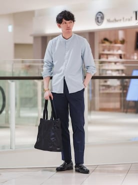 「SUIT SQUARE（スーツスクエア）のバンドカラーシャツ／長袖／ノンアイロン／ウォッシャブル／ストレッチ／速乾／トロピカル（シャツ/ブラウス、グリーン系）」を使った、SUIT SQUAREさん（メンズ・186cm）の春コーディネート