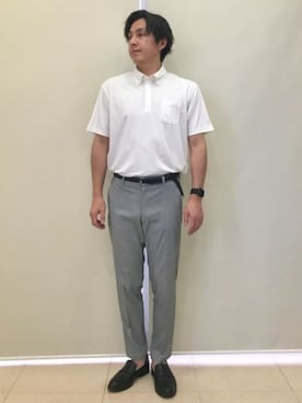 「AOYAMA（アオヤマ）の冷たいポロシャツ【ボタンダウン】【＃すごポロ】肌に触れるとヒンヤリ感じる心地よい涼感（ポロシャツ、ホワイト系）」を使った、SUIT SQUAREさん（メンズ・186cm）の春コーディネート