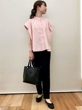 「AOYAMA（アオヤマ）の＜超！接触冷感＞スクエアオーバーシャツブラウス【フレンチスリーブ】（シャツ/ブラウス、オレンジ系）」を使った、SUIT SQUAREさん（メンズ・186cm）の春コーディネート
