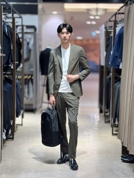 「SUIT SQUARE（スーツスクエア）のスマみえジャケット ウォッシャブル ストレッチ Breeze Cool 織柄（スーツジャケット、グリーン系）」を使った、SUIT SQUAREさん（レディース・157cm）の春コーディネート