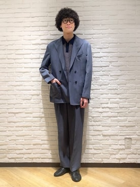 「GOOVI（グービ）のGOOVI／ダブルブレストジャケット／ナイロンリネン／ヴィンテージギャバジン／無地（スーツジャケット、ブルー系）」を使った、SUIT SQUAREさん（レディース・157cm）の春コーディネート