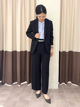 「SUIT SQUARE（スーツスクエア）の涼しいスーツ／ワイドパンツ／ウォッシャブル／ストレッチ／高通気／軽量／無地（スーツパンツ、ブルー系）」を使った、SUIT SQUAREさん（レディース・159cm）の夏コーディネート