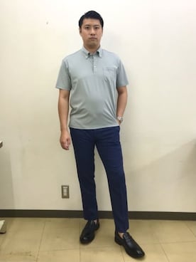 「AOYAMA（アオヤマ）の冷たいポロシャツ【ボタンダウン】【＃すごポロ】肌に触れるとヒンヤリ感じる心地よい涼感（ポロシャツ、グレー系）」を使った、SUIT SQUAREさん（レディース・159cm）の夏コーディネート